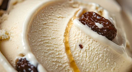 Rum raisin ice cream texture close up, top view