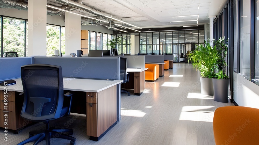Poster modern office interior with open workspace, ergonomic chairs, and natural light streaming through la