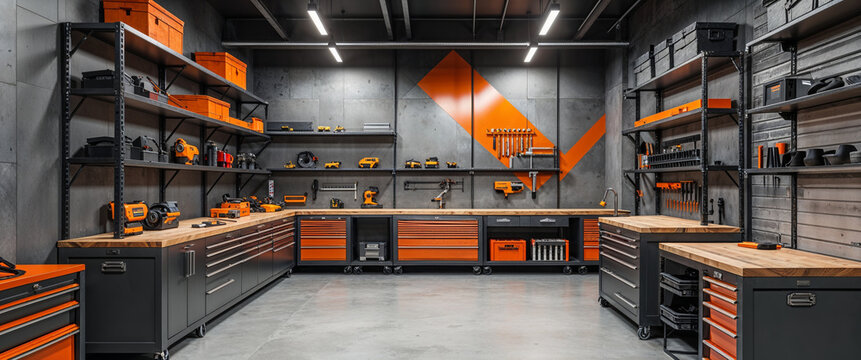 Modern workshop or garage interior with organized tools and equipment on shelves