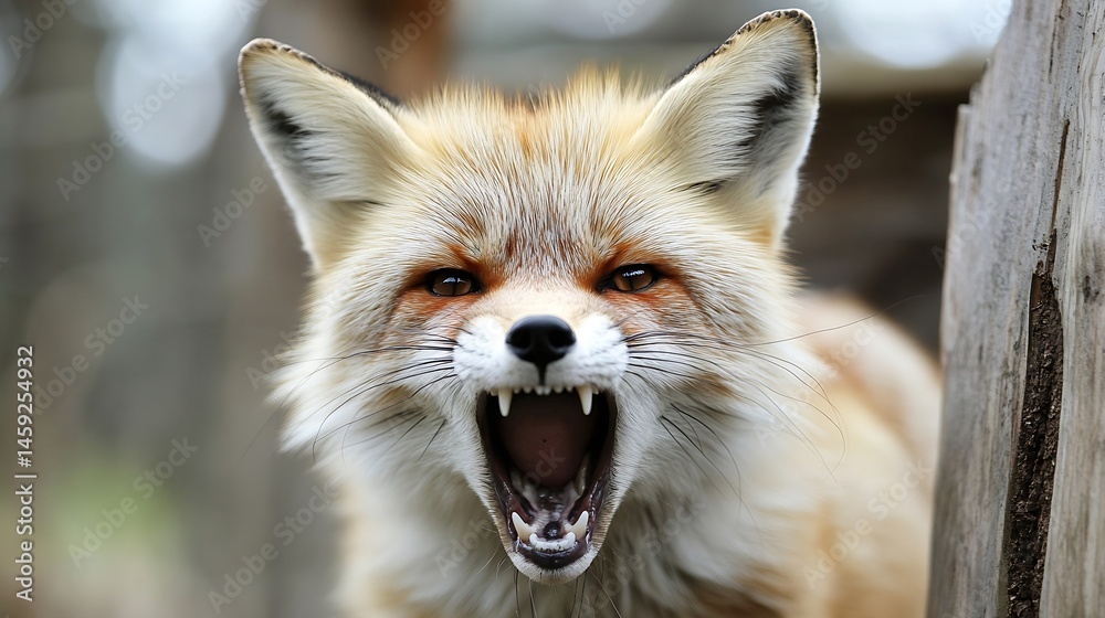 Aufkleber Close-up portrait of a red fox with its mouth open, showing sharp teeth. The fox's fur is a mix of red, white, and orange hues, and its eyes are intense and alert.  The background is b : Generative AI
