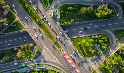 Road junction in Almaty, Kazakhstan, on a sunny spring evening