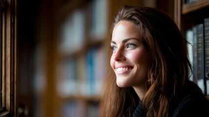 A joyful student in a library, smiling warmly, surrounded by books. The happiness of learning in a quiet space.
