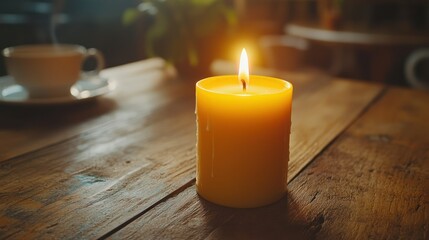 A warm candle on a rustic table, next to a cup of coffee
