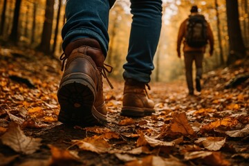 Autumn hiking adventure through forest