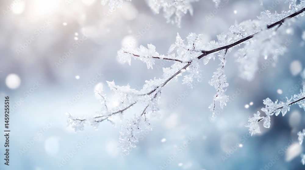 Poster a frosty winter branch, delicately covered in ice crystals, sparkles in the soft sunlight. the bokeh