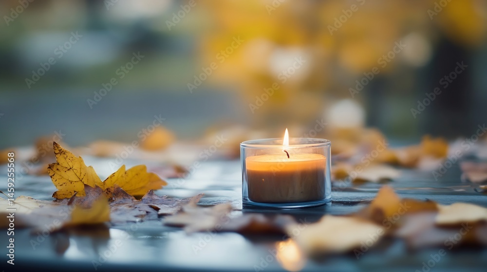 Poster a lit candle sits amidst fallen autumn leaves on a reflective surface, creating a serene and peacefu