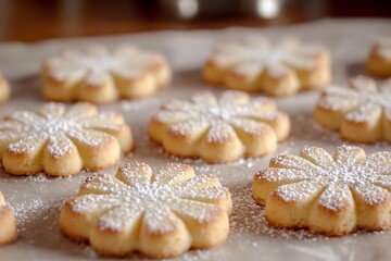 A photo of soft and delicate cookies dusted with confectioner's sugar, arranged in an intricate pattern on parchment paper, showcasing the cookies' crisp edges and light golden-brown coloration