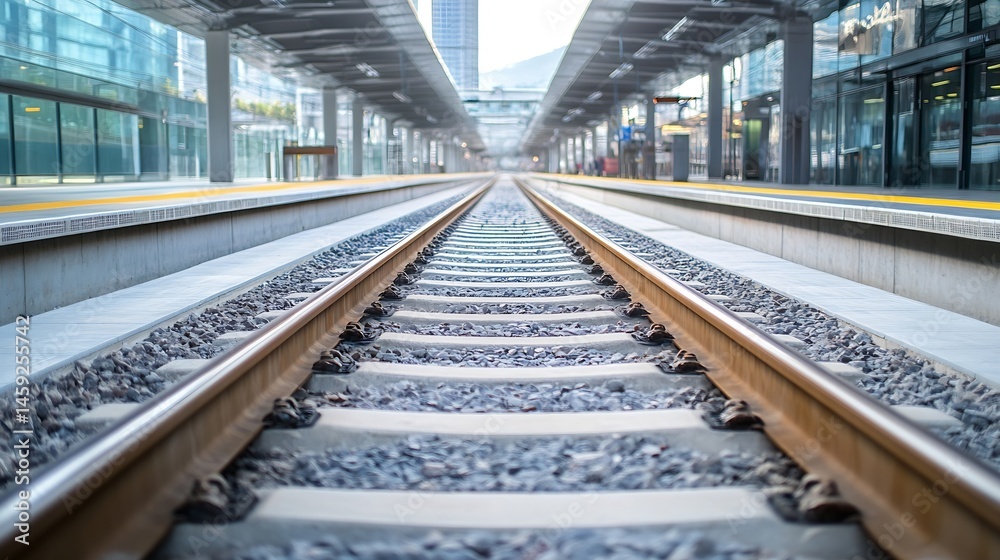 Poster modern train station platform with railway tracks receding into the distance, showcasing a clean, co