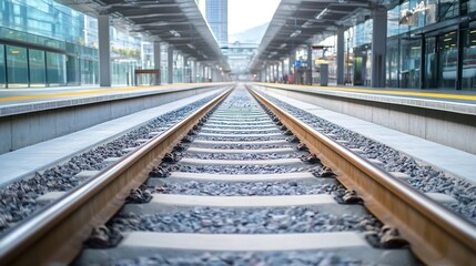 Fototapeta premium Modern train station platform with railway tracks receding into the distance, showcasing a clean, contemporary design and architectural details. : Generative AI