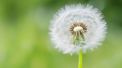 Fototapeta premium Close-up view of a dandelion seed head, showcasing its delicate white seeds and brown center against a soft green background. : Generative AI