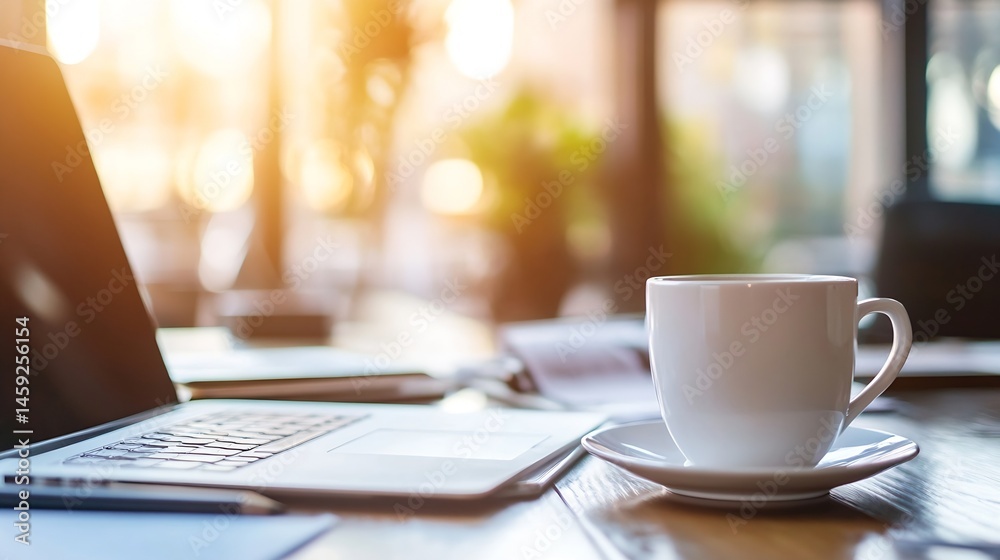 Poster a white coffee mug sits on a saucer next to a laptop on a wooden table in a cafe, bathed in warm sun