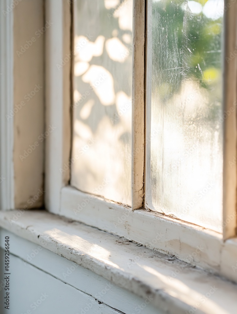 Poster close-up of a weathered white window frame, sunlight illuminating the aged paint and dusty glass pan