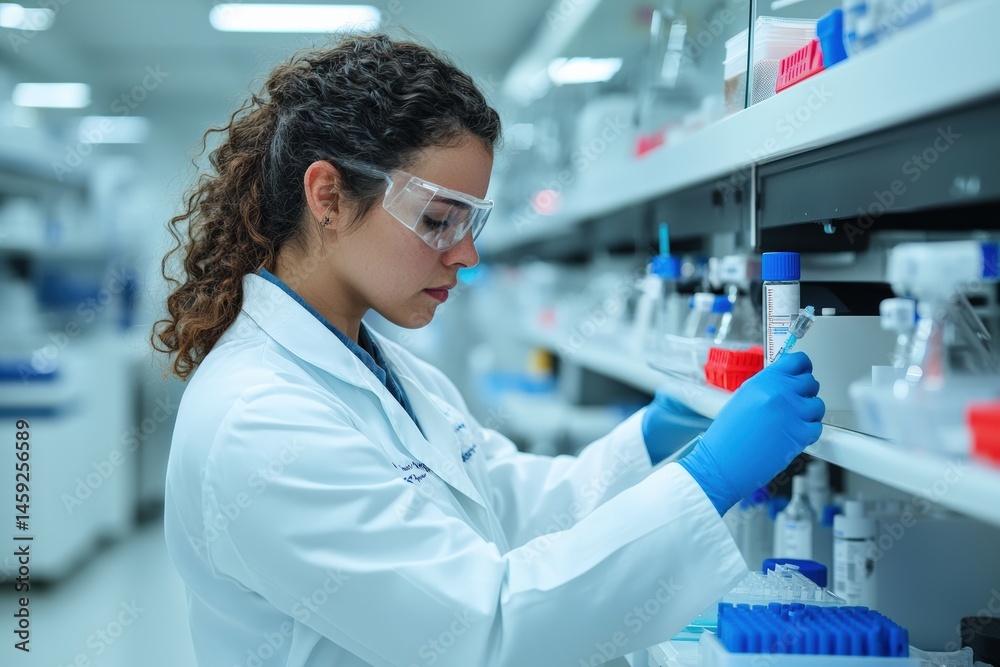 Poster scientist preparing syringe in modern laboratory setting