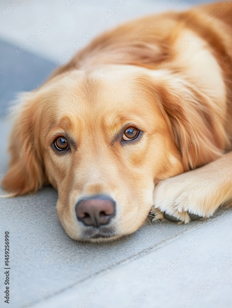 Poster close-up portrait of a golden retriever dog resting its head on the ground, showing its soft fur and