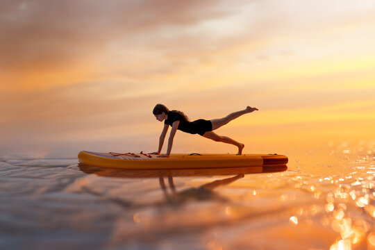 Collage. Focused woman holds plank with leg extended behind on sup board above water, demonstrating strength, control and balance against sunset light. Concept of fitness, motion, yoga training.