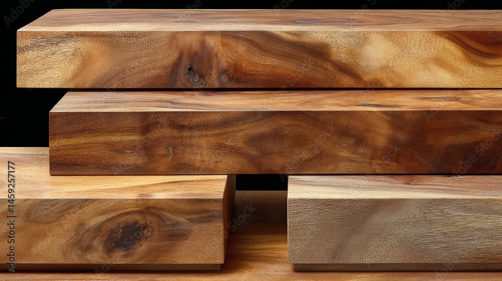 Poster Close-up view of walnut timber boards stacked, revealing intricate knot patterns and fine textures with warm lighting illuminating the rich grains