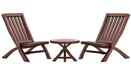 Dark brown wooden folding chairs and small round table set. Ideal for patios or small spaces