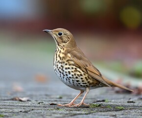 Song thrush on the ground in the wild