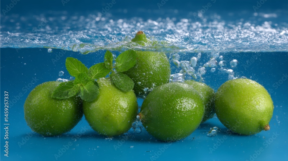 Poster fresh limes and vibrant mint leaves are submerged in sparkling water, creating a lively atmosphere w