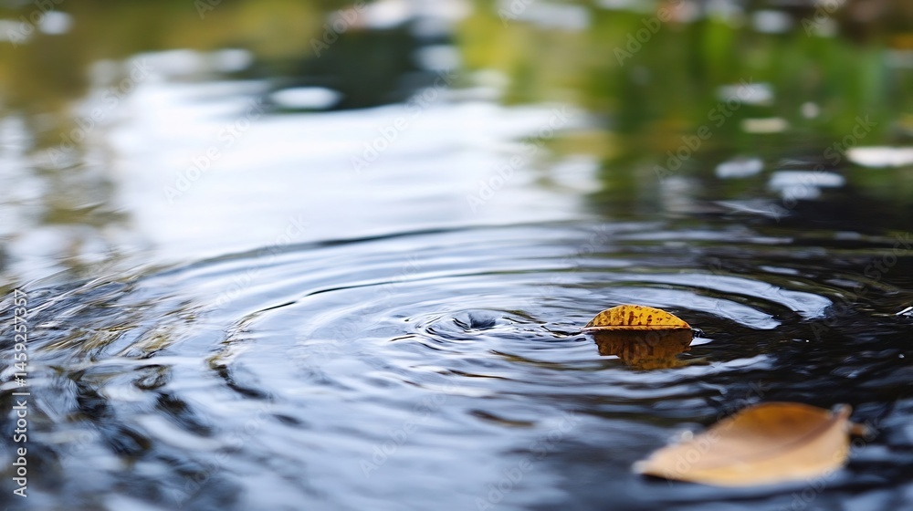 Poster A single autumn leaf floats gently on dark water, creating concentric ripples; serene autumnal scene reflecting tranquility and the passage of time. : Generative AI