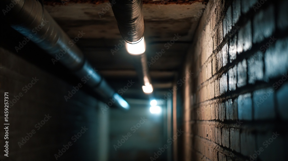Poster dark, dimly lit brick tunnel with metal ventilation pipes and soft lighting, creating a mysterious a