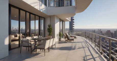 Sleek, sun-drenched high-rise condo showcases expansive balcony with city vista ,  contemporary,  apartment