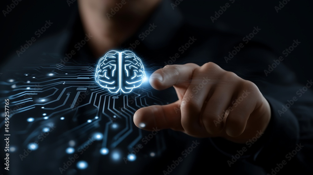 Poster a man interacting with a glowing ai icon over a futuristic electronic circuit board, symbolizing gen
