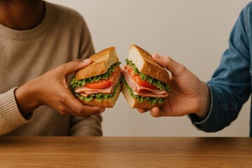 Sharing fresh delicious sandwich together.