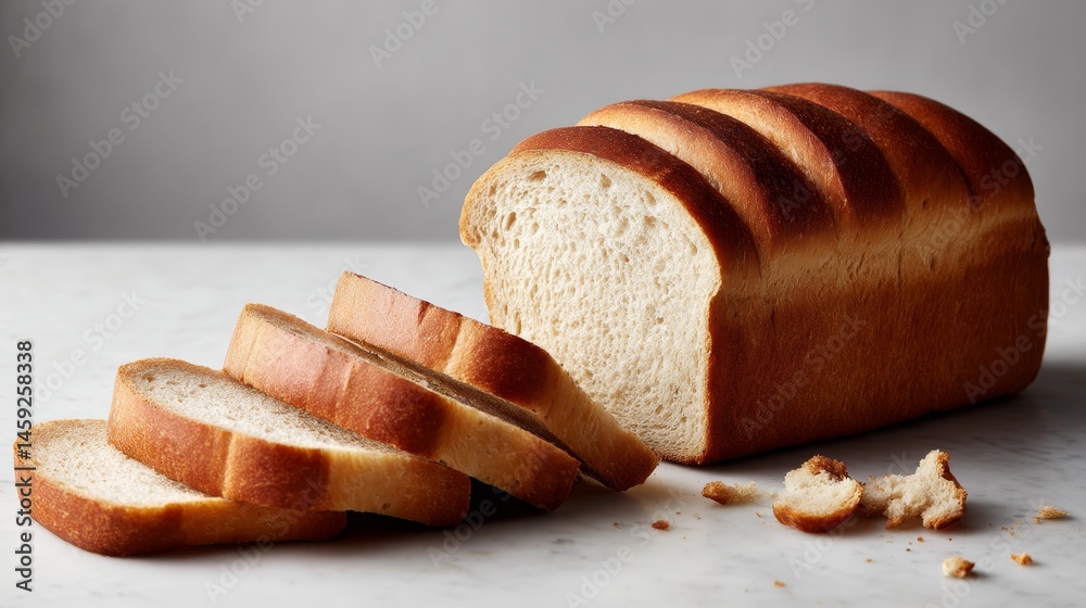 Poster whole grain loaf is centered on a white surface, with fanned slices in front revealing crispy edges.