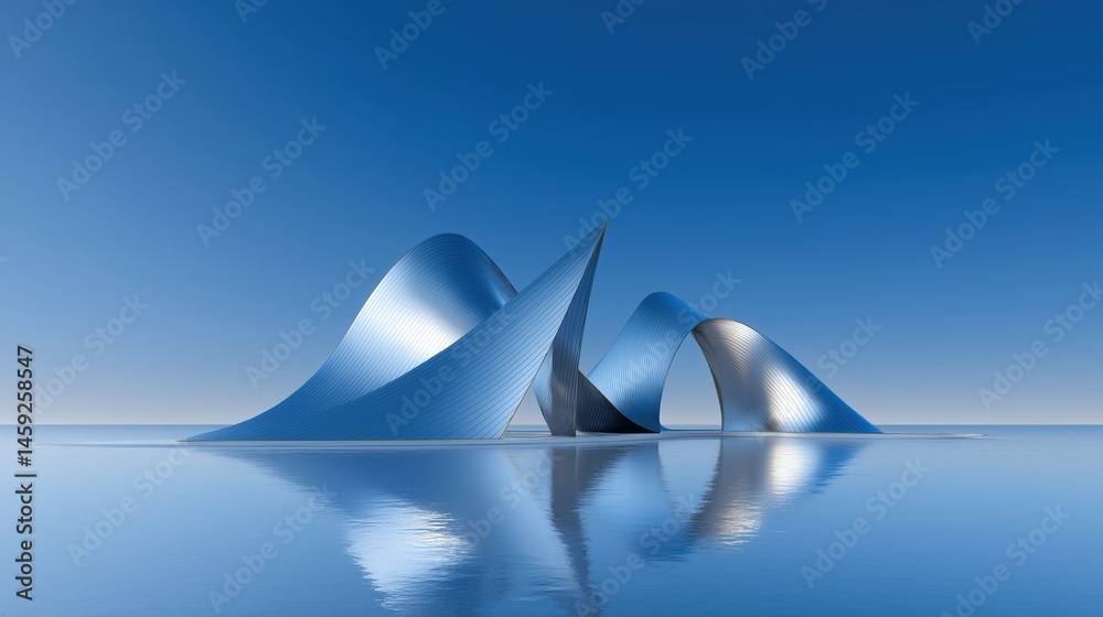 Aufkleber 3D rendered abstract futuristic building with modern architecture concept against blue sky, reflective calm water surface and shiny metallic shapes creating copy space for design presentations. Minima