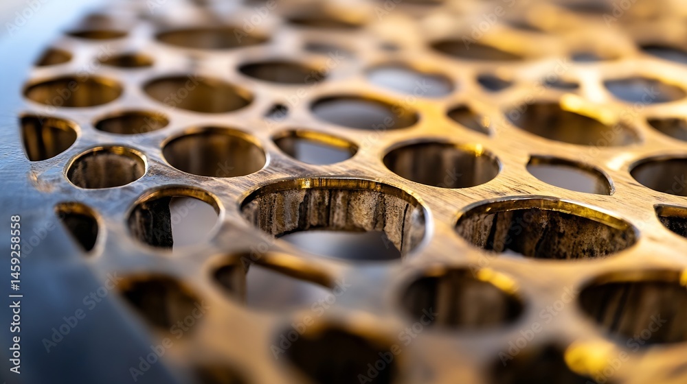 Fototapete Close-up view of a circular wooden object with multiple circular cutouts, showcasing a unique design and texture. The golden hue highlights the intricate detailing. : Generative AI