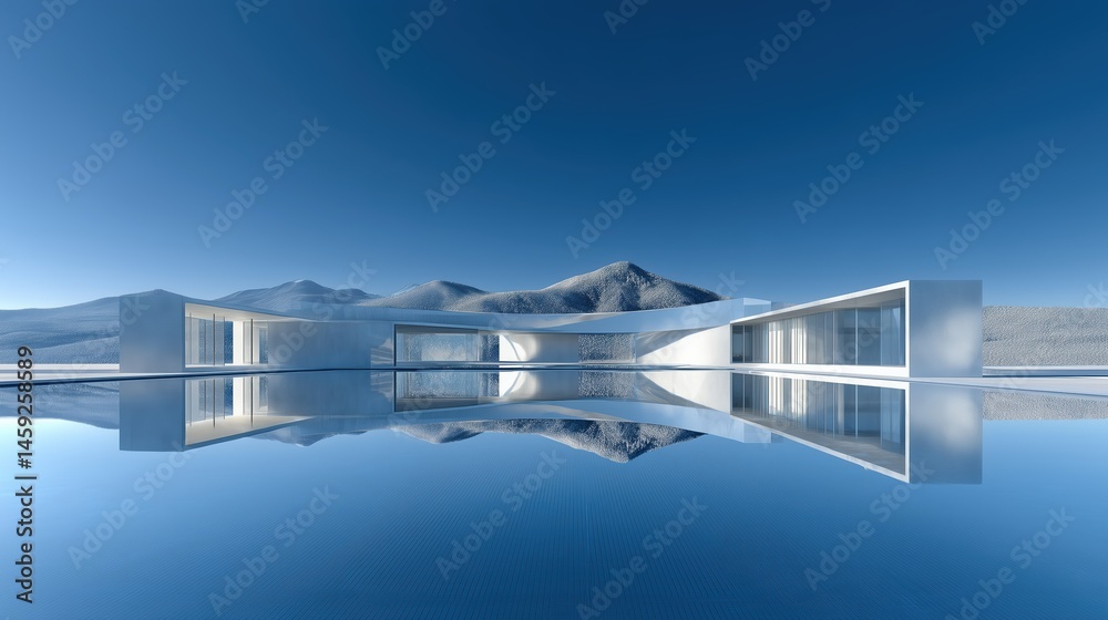 Poster 3D rendered abstract futuristic building with modern architecture concept against blue sky, reflective calm water surface and shiny metallic shapes creating copy space for design presentations. Minima