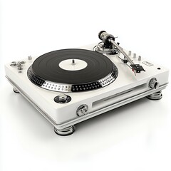 White Turntable with Black Platter and Silver Tonearm on White Background