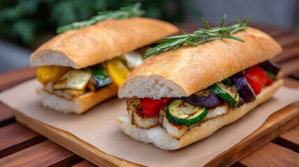 Savor the flavors of toasted buns loaded with vibrant grilled vegetables and sauces, perfectly arranged on a rustic picnic table amidst a cheerful outdoor setting