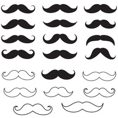 mustache silhouettes in vector retro style, mustache silhouettes with sunglass, top hat, hats, outline coloring book page line art etc