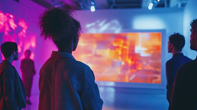 Visitors contemplate vibrant modern artwork displayed in a brightly lit gallery