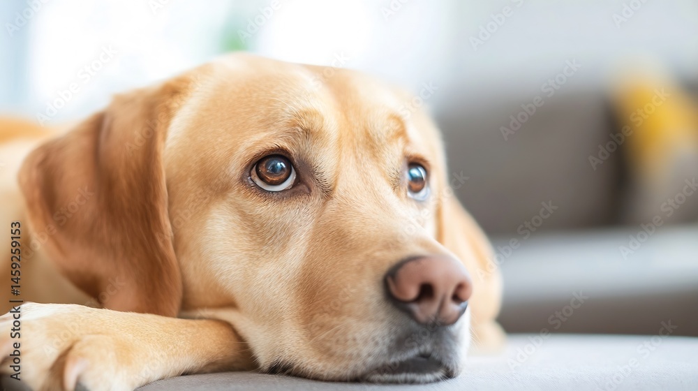 Poster close-up portrait of a pensive golden labrador retriever resting its head on a soft surface, showing