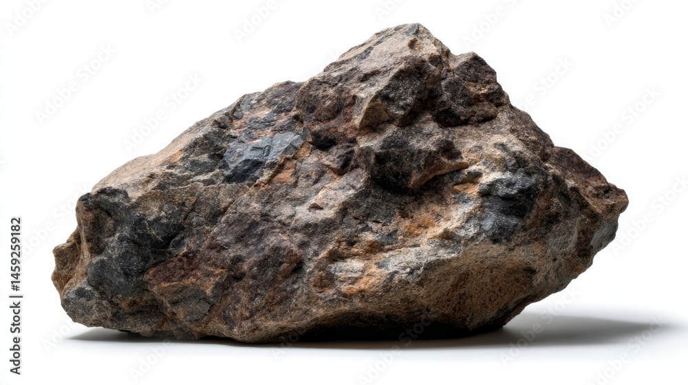 Poster Isolated large brown granite rock showcases intricate mineral patterns and ridges, illuminated by soft lighting with ample copy space for creative use