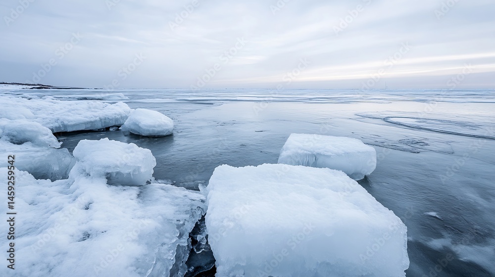 Leinwandbilder frozen coastal scene featuring large blocks of ice floating in calm, icy water under a pale winter s