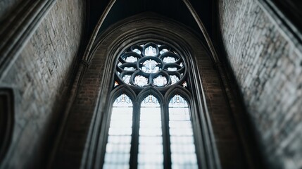 Obraz premium Gothic architecture detail: a majestic arched window with stained glass rose in a stone church interior, showcasing intricate craftsmanship and religious symbolism. : Generative AI