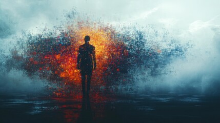 Digital Transition: A Silhouette Steps into a Pixelated, Fiery Digital Realm