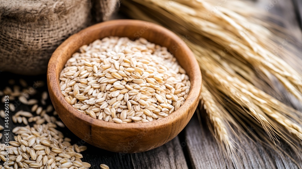 Poster close-up view of a wooden bowl filled with grains of spelt, accompanied by burlap sack and wheat sta