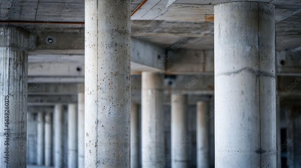 Poster abstract view of numerous concrete pillars supporting a large unfinished building's ceiling, showcas