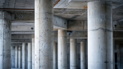 Abstract view of numerous concrete pillars supporting a large unfinished building's ceiling, showcasing the raw texture and industrial aesthetic of the construction site. : Generative AI