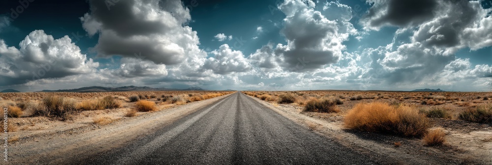Poster desert road stretching into the horizon under a dramatic sky filled with shadows and clouds at midda