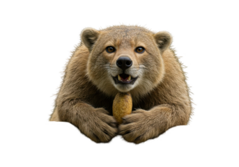 A bearlike animal clutches a potato with its paws set against a dark backdrop