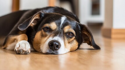 A tired tricolor dog rests its head on a light brown wooden floor, paws gently tucked beneath, showing peaceful exhaustion and contentment. : Generative AI