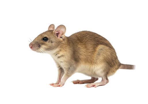 A brown field mouse stands alert and focused on a stark black background