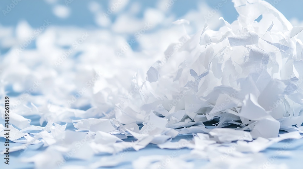 Aufkleber pile of shredded white paper pieces scattered on a light blue surface, creating a textured backgroun