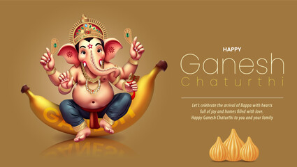 Cute baby Ganesha sitting on a banana with modak sweets and Ganesh Chaturthi wishes  perfect for festive posters Hindu celebration cards and Indian religious artwork